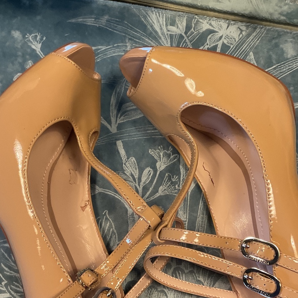 Vince Camuto Nude Patent T-Strap Peep-Toe Heels - Picture 7 of 7
